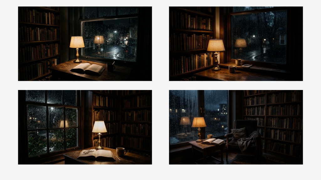雨の図書館の夜 背景素材ミニパック(10枚 / 1920×1080)