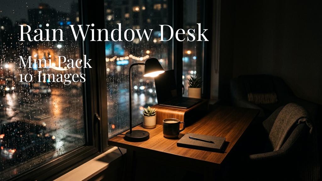 雨の窓辺デスクの夜 背景素材ミニパック（10枚 / 1920×1080）