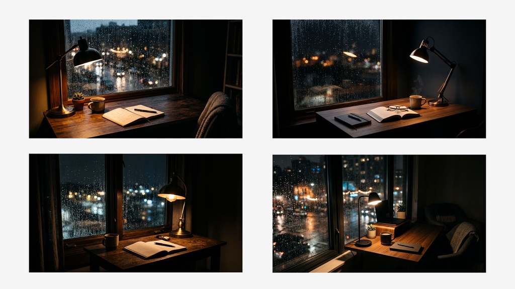 雨の窓辺デスクの夜 背景素材ミニパック(10枚 / 1920×1080)