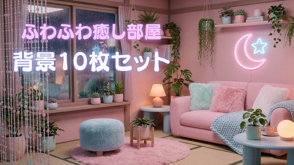 ふわふわ癒し部屋背景10枚セット｜V配信・雑談・LoFi｜青・ミント・ピンク