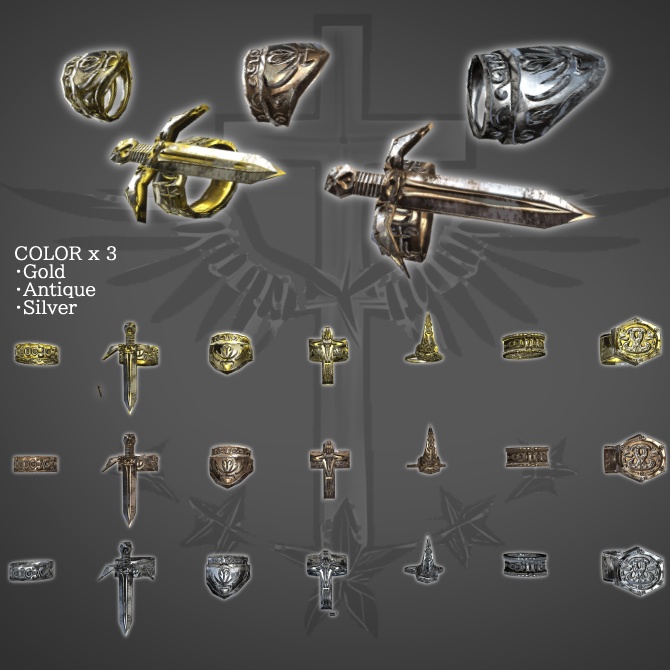 【VRChat】アグレッシブリング 指輪7個セット(3色) / Aggressive Ring アーマーリング、爪、剣等