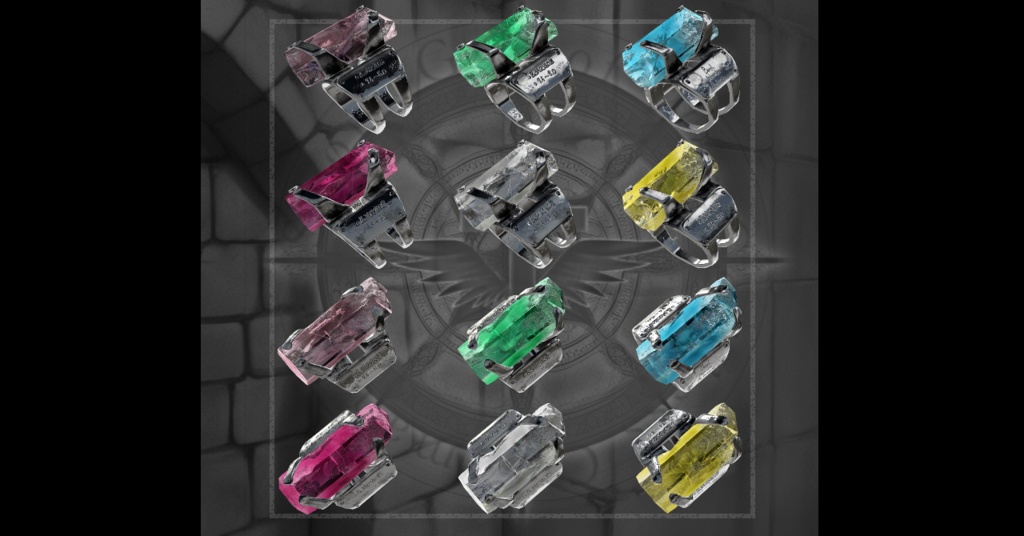 【VRChat】原石標本リング ベリル 6個セット (アクアマリン ゴシェナイト ヘリオドール レッドベリル エメラルド モルガナイト) Gemstone Ring Beryl