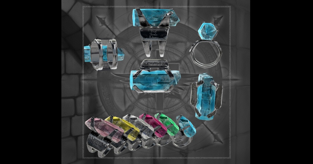 【VRChat】原石標本リング ベリル 6個セット (アクアマリン ゴシェナイト ヘリオドール レッドベリル エメラルド モルガナイト) Gemstone Ring Beryl