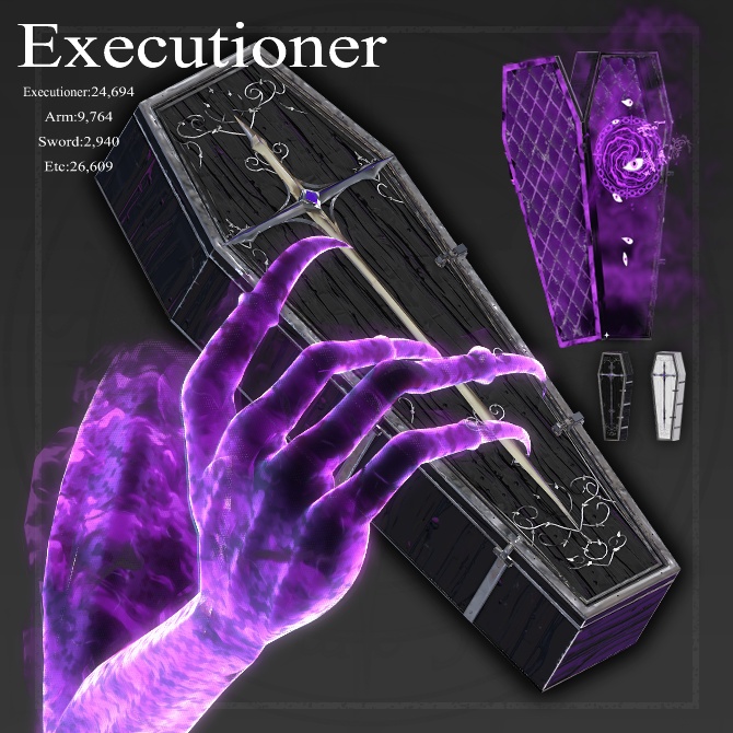 SALE!!【オリジナル3Dモデル】Executioner -エクスキューショナー-【棺桶】VRChat想定 パーティクルやギミック付き 魔法武器 サブアーム 闇属性 鎖 剣 ハロウィン