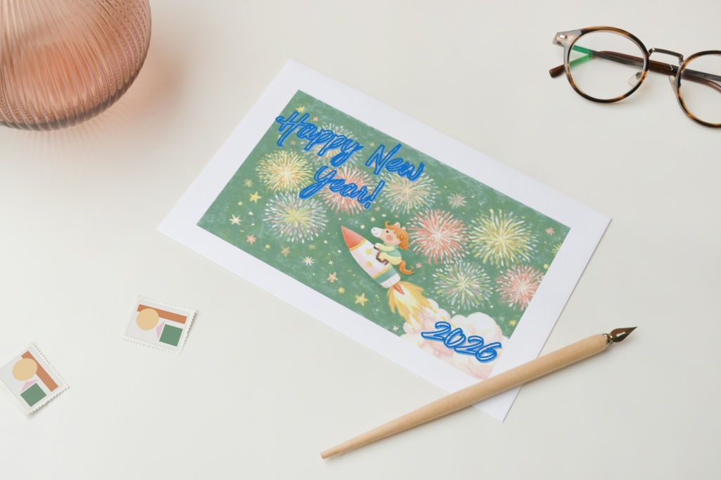 2026年・年賀状イラスト「馬ロケット」