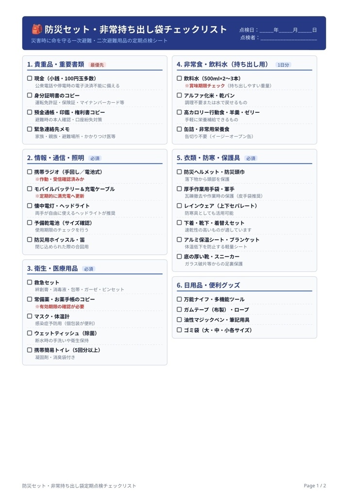 防災セット・非常持ち出し袋 定期点検チェックリスト【PDF】
