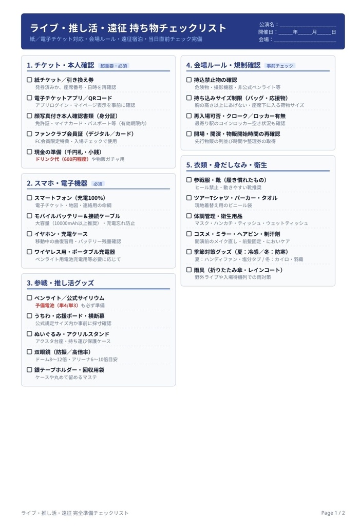 ライブ・推し活・遠征 持ち物チェックリスト【PDF】
