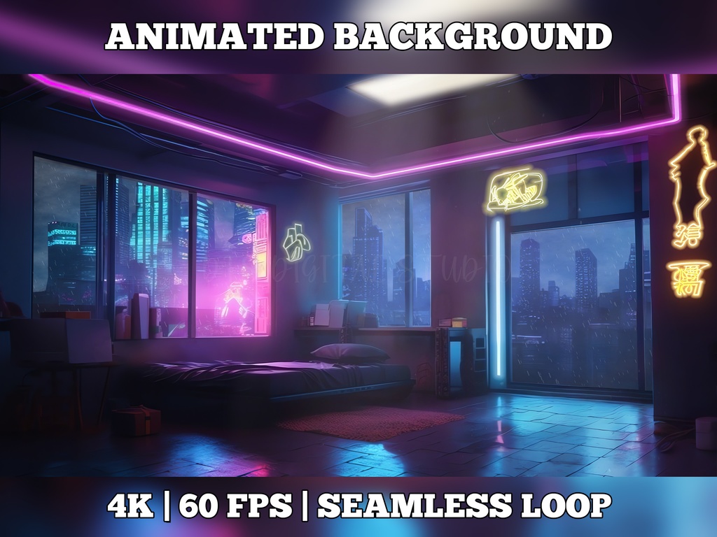 Vtuber Background Animated, Animated Background, stream room background, vtuber room background, animated background twitch, seamless looped, cyberpunk bedroom neon