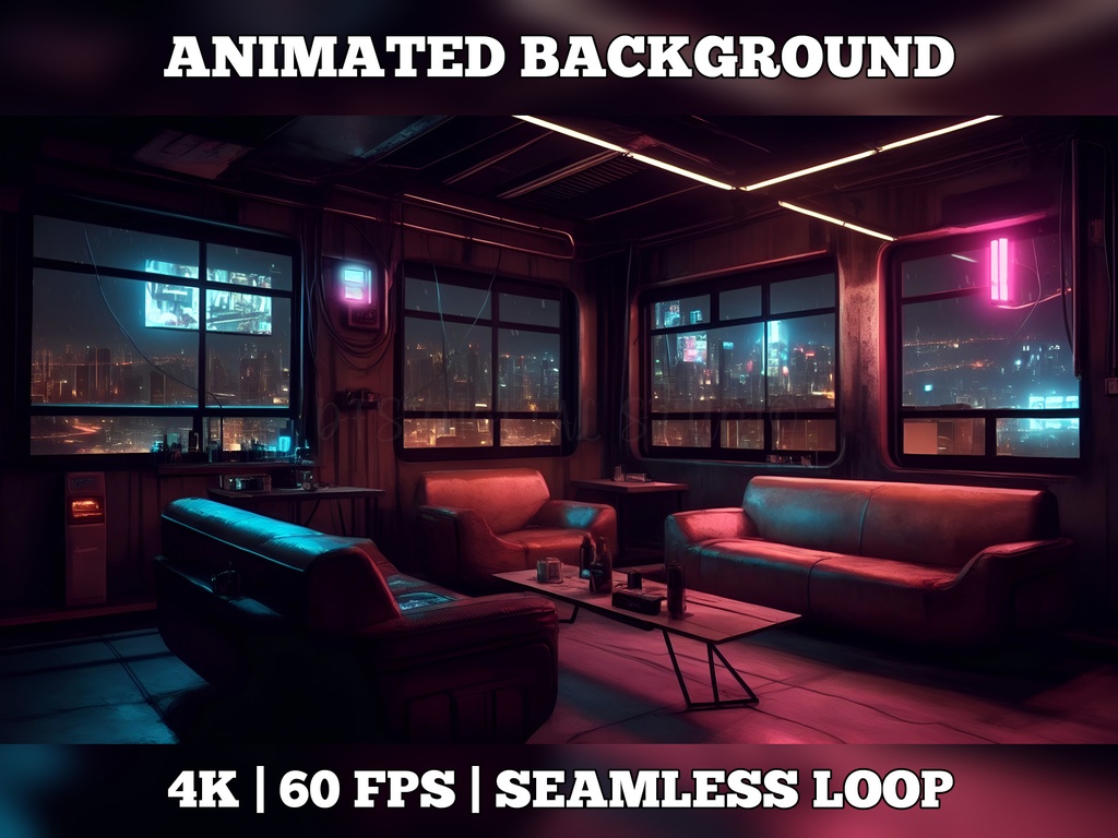 Vtuber Background Animated, Animated Background, stream room background, vtuber room background, animated background twitch, seamless looped, Cyberpunk Lounge