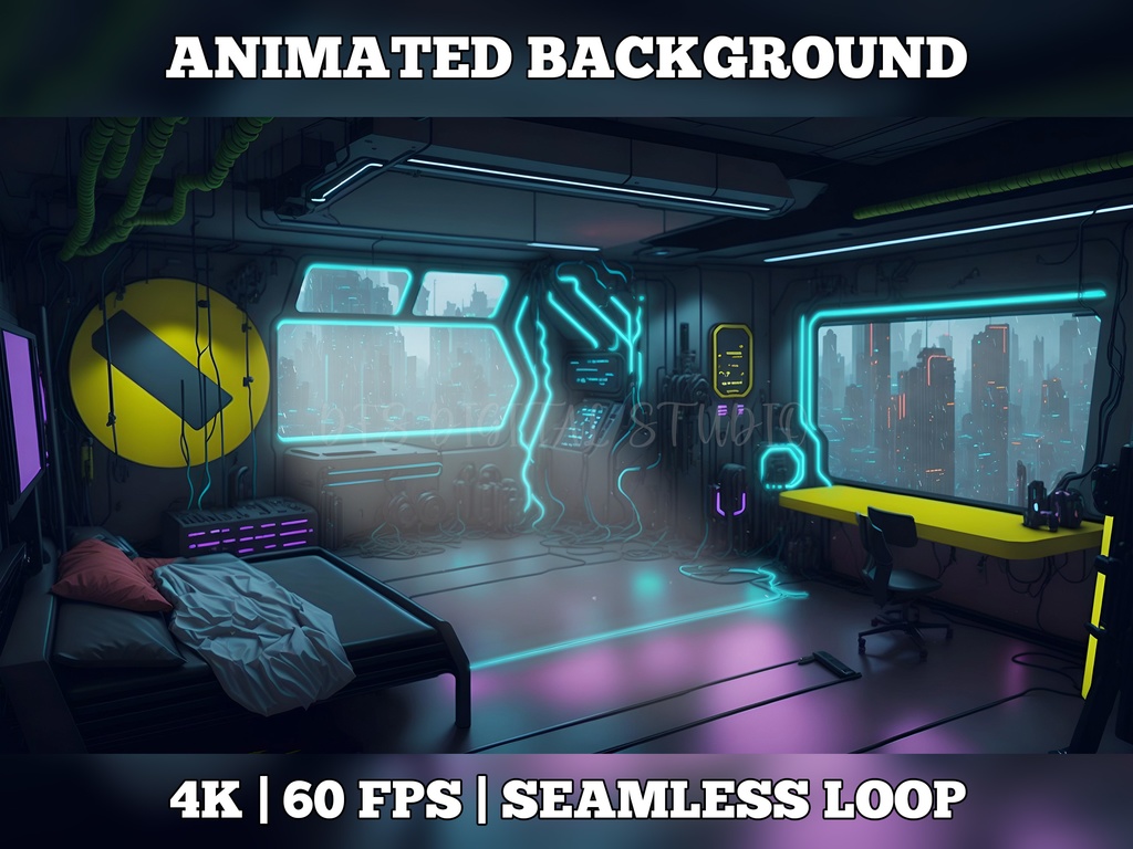 Vtuber Background Animated, Animated Background, stream room background, vtuber room background, animated background twitch, seamless looped, Cyberpunk Bedroom Day