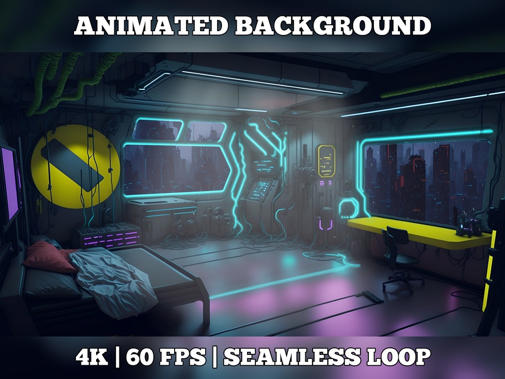 Vtuber Background Animated, Animated Background, stream room background, vtuber room background, animated background twitch, seamless looped, Cyberpunk Bedroom Night