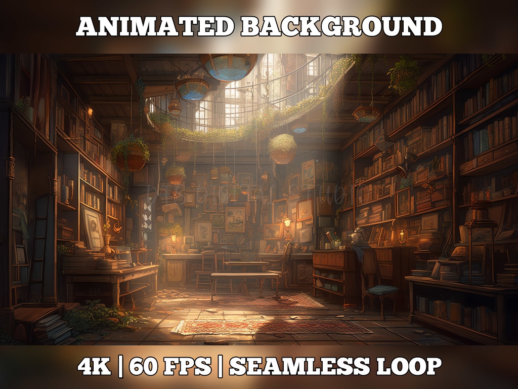 Vtuber Background Animated, Animated Background, stream room background, vtuber room background, animated background twitch, seamless looped, Sunny Library