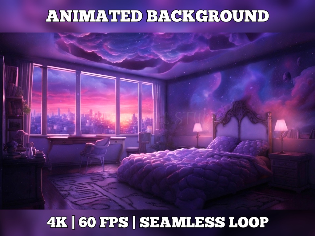 Vtuber Background Animated, Animated Background, stream room background, vtuber room background, animated background twitch, seamless looped, Cosmos bedroom