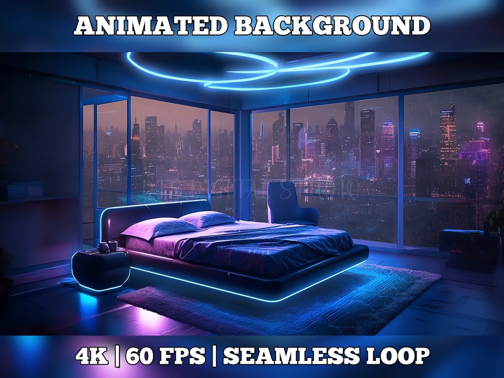 Vtuber Background Animated, Animated Background, stream room background, vtuber room background, animated background twitch, seamless looped, Cyberpunk neon bed