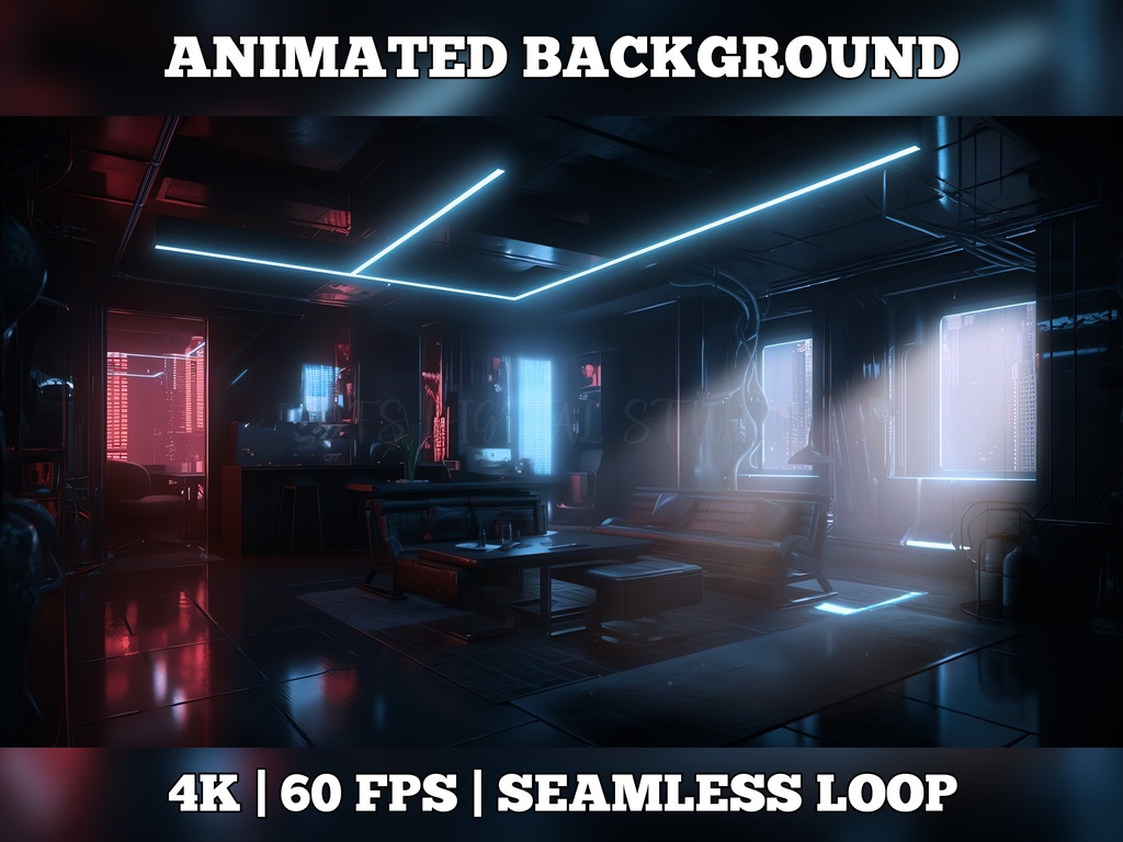 Vtuber Background Animated, Animated Background, stream room background, vtuber room background, animated background twitch, seamless looped, Cyberpunk apartment