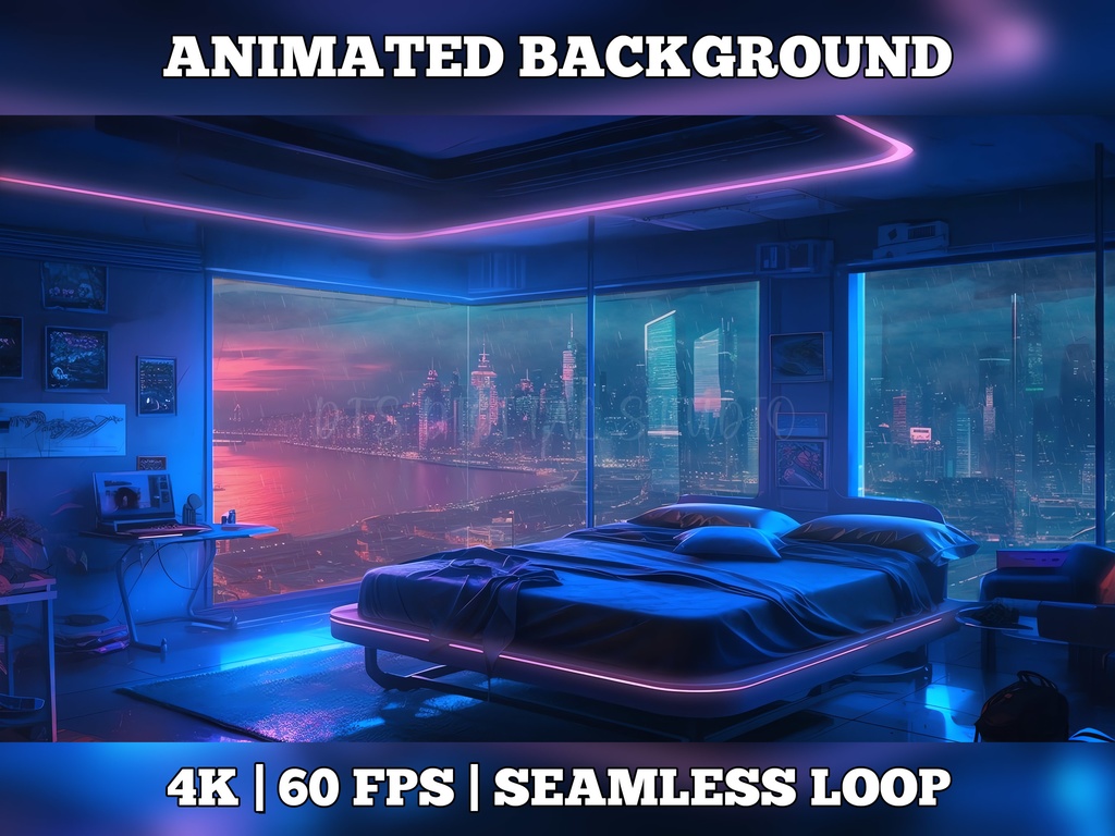 Vtuber Background Animated, Animated Background, stream room background, vtuber room background, animated background twitch, seamless looped, Cyberpunk bedroom sunset