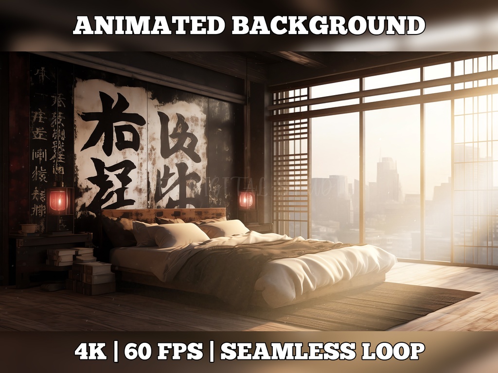 Vtuber Background Animated, Animated Background, stream room background, vtuber room background, animated background twitch, seamless looped, Kanji inspired bedroom