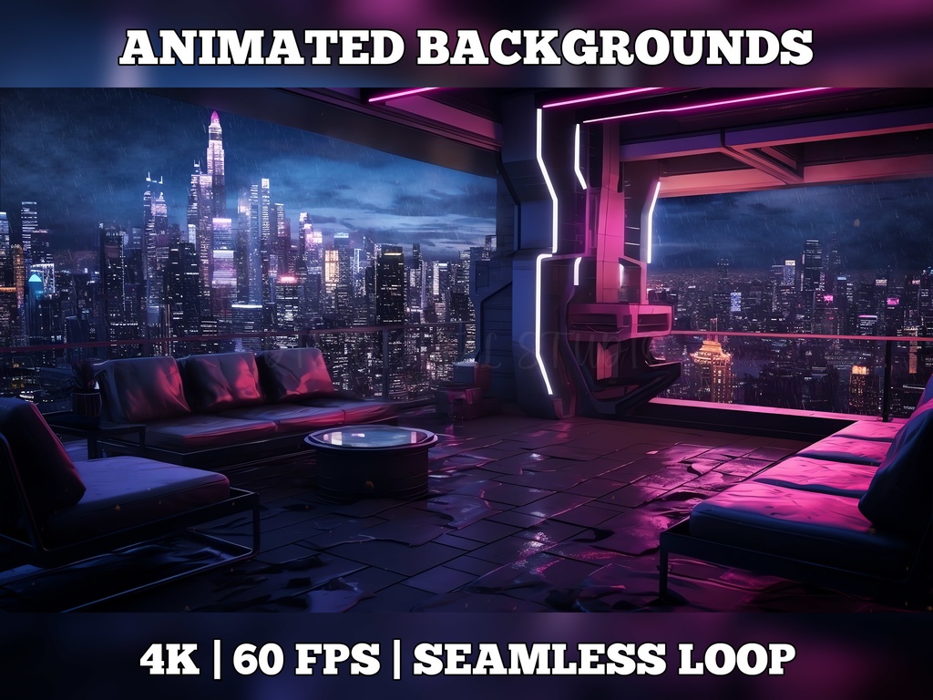 Vtuber Background Animated, Animated Background, stream room background, vtuber room background, animated background twitch, seamless looped, cyberpunk penthouse balcony