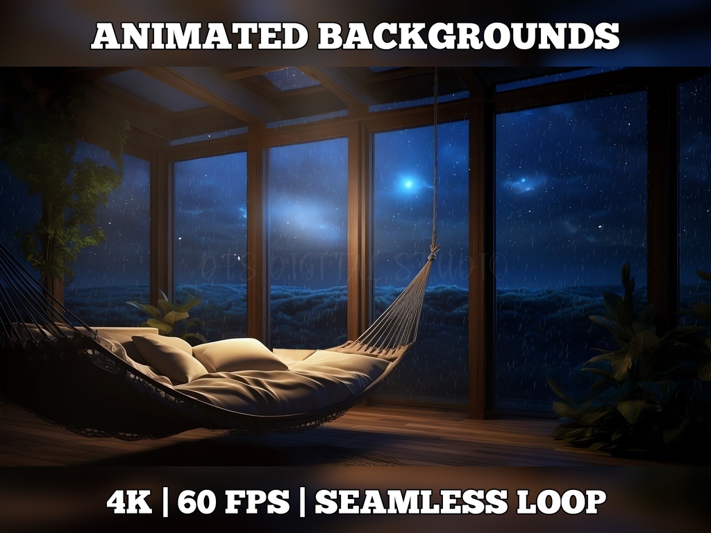 Vtuber Background Animated, Animated Background, stream room background, vtuber room background, animated background twitch, seamless looped, hammock room at night