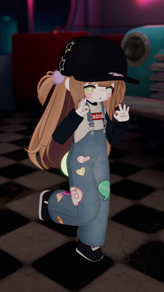 【まめふれんず・えも研素体・みみのこ対応】ワッペンデニムサロペット(おしりシール付き)