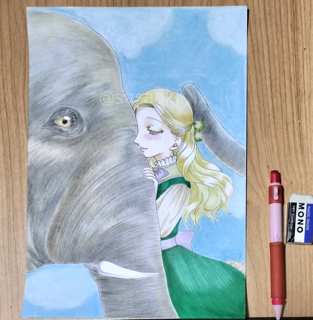 手描きイラスト原画「象と少女」