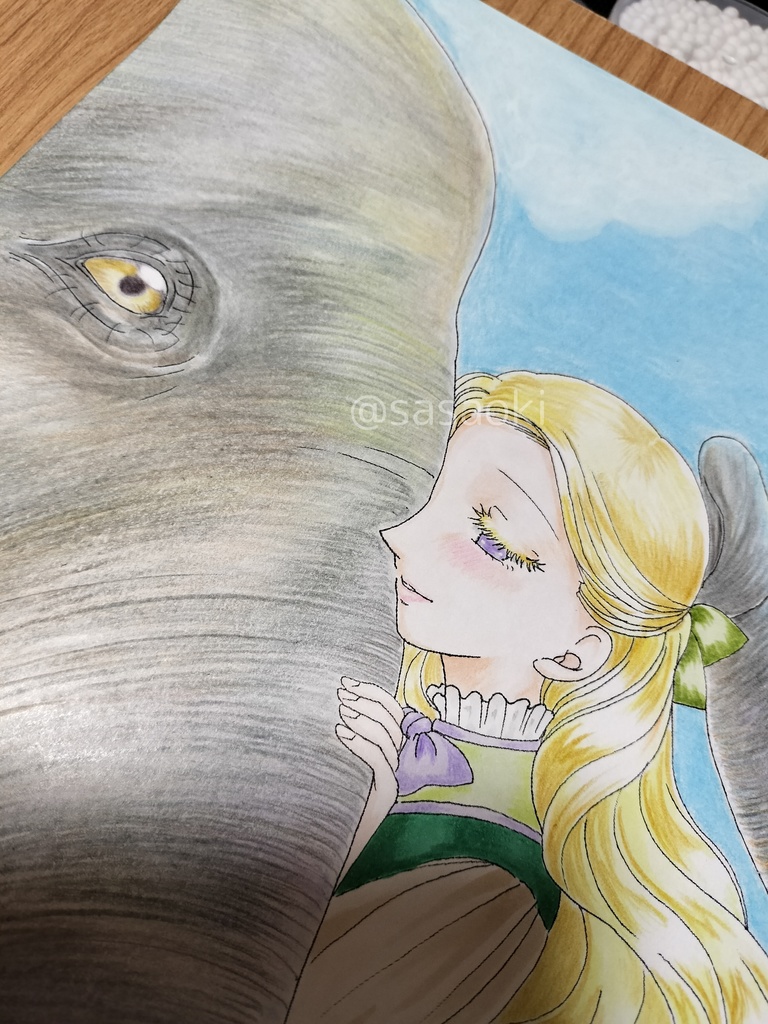 手描きイラスト原画「象と少女」