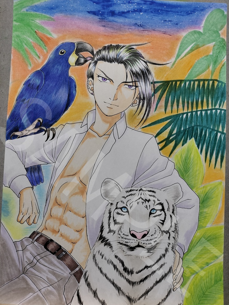 手描きイラスト原画　「夕暮れの密林」A4