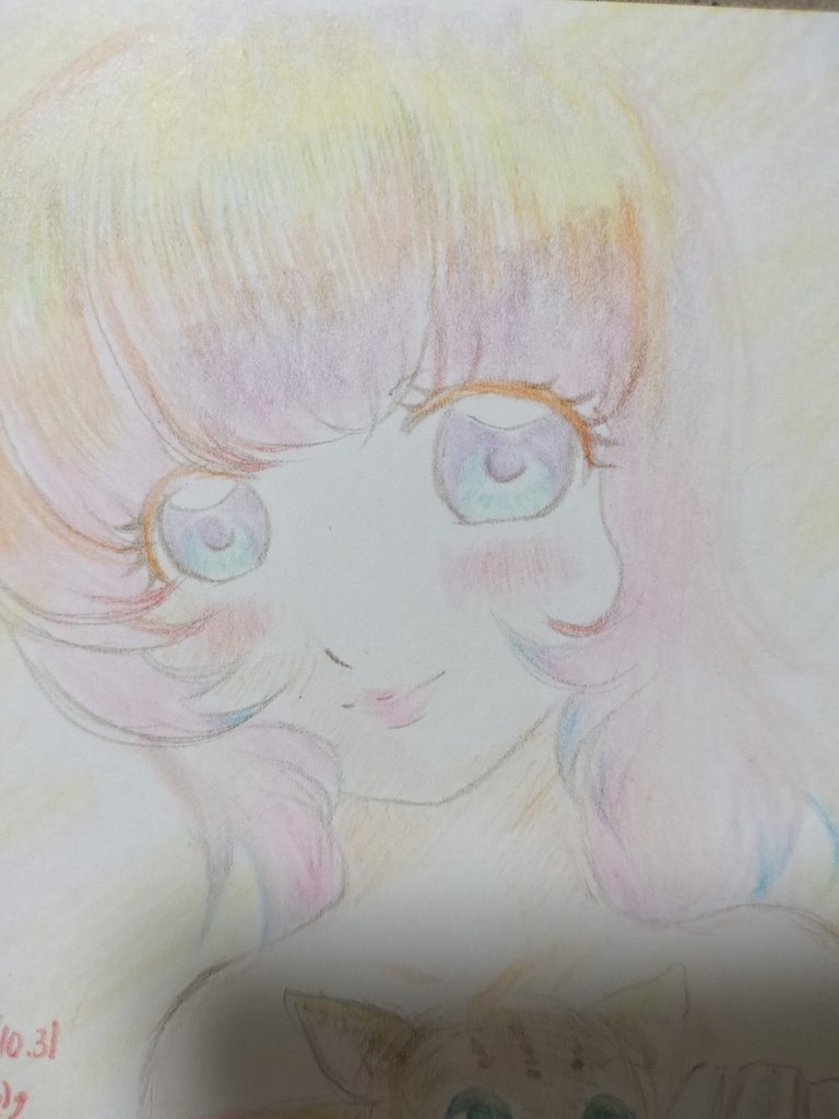 手描きオリジナルイラスト原画　「猫と少女」