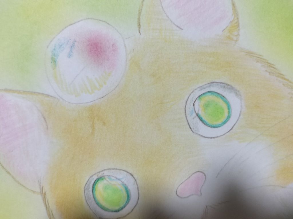 手描きオリジナルイラスト原画「猫とシャボン玉、アップ」