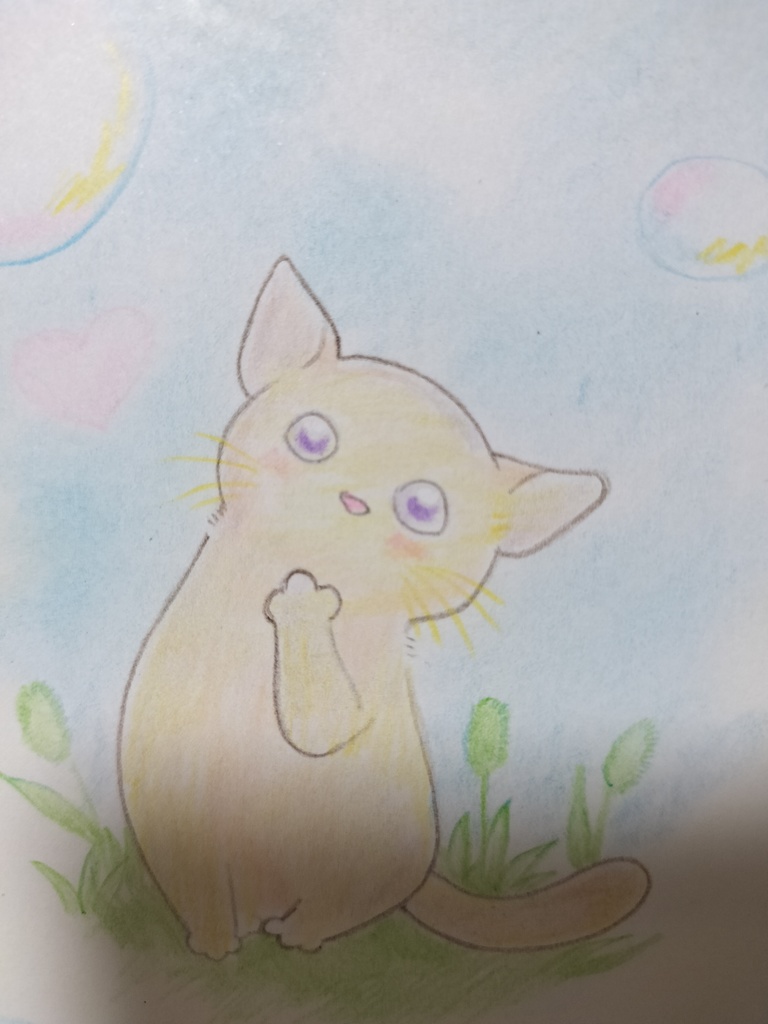 手描きオリジナルイラスト原画「猫とシャボン玉」