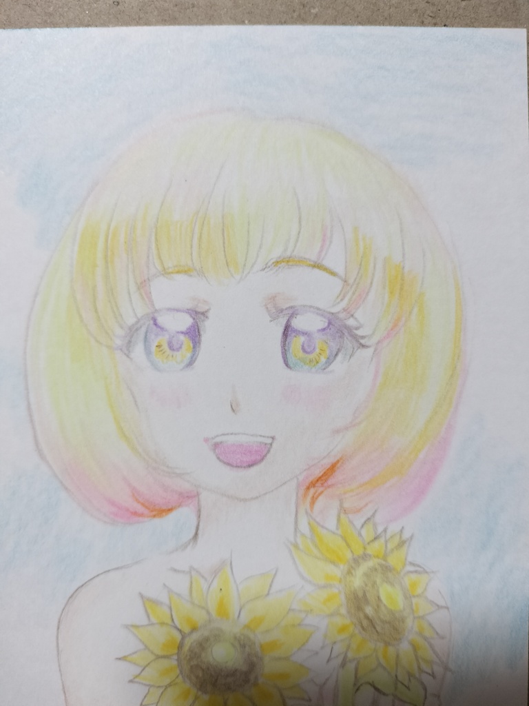手描きオリジナルイラスト原画「ヒマワリと少女」
