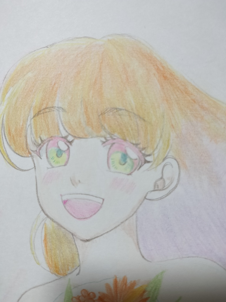 手描きオリジナルイラスト原画「オレンジの花束の少女」