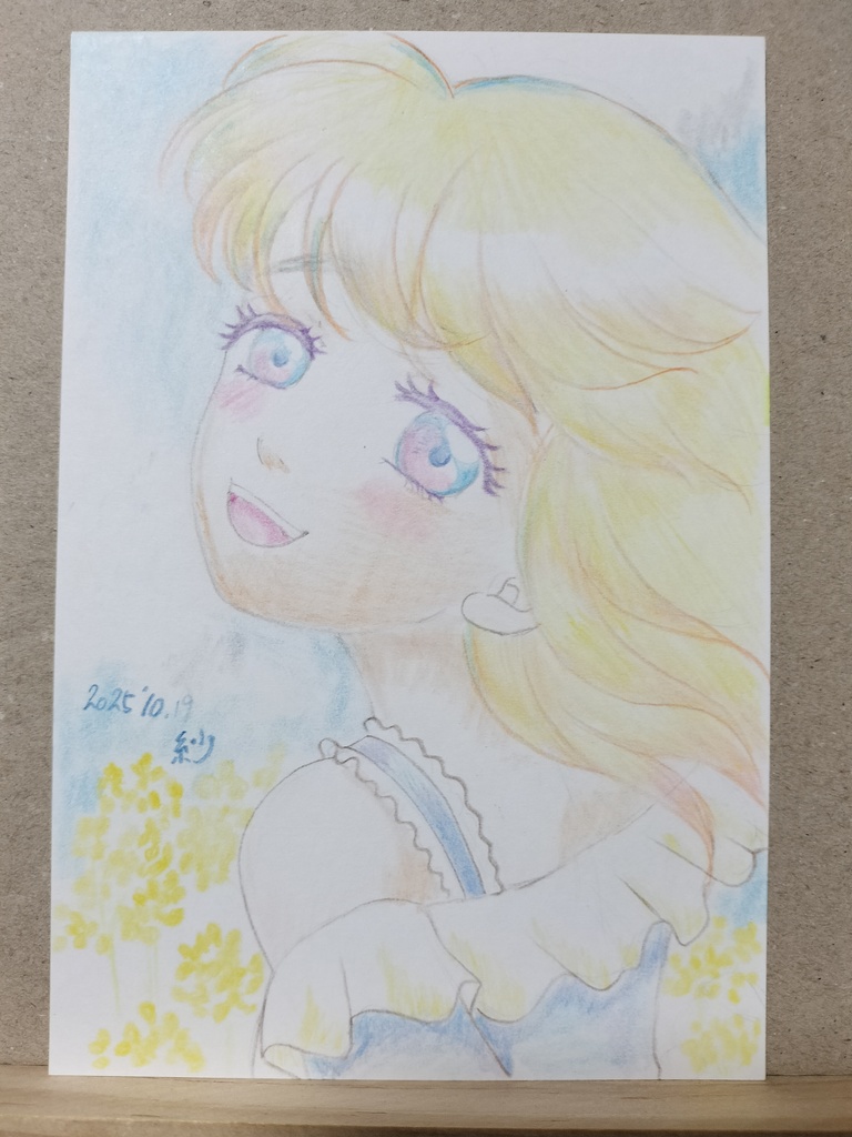 手描きオリジナルイラスト原画「菜の花畑の少女」
