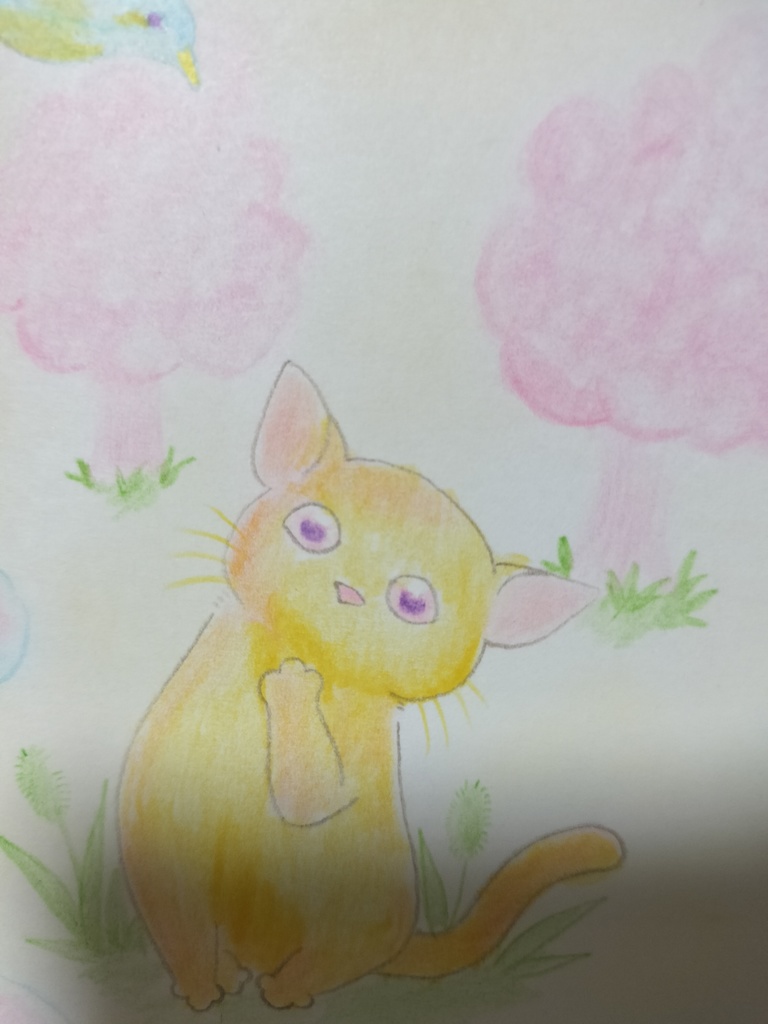 手描きオリジナルイラスト原画「猫と青い鳥」