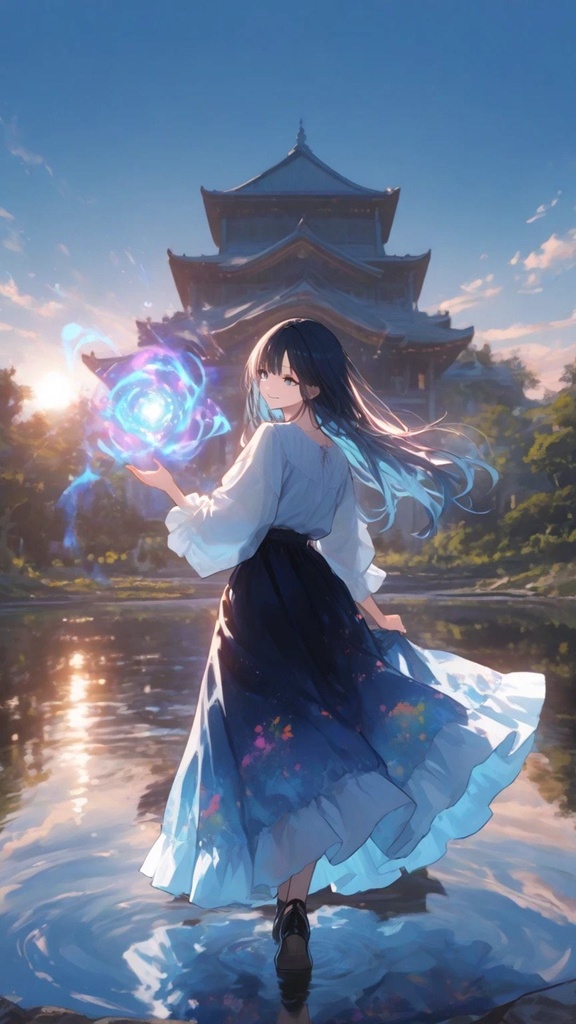 水辺に浮かぶ女性と馬