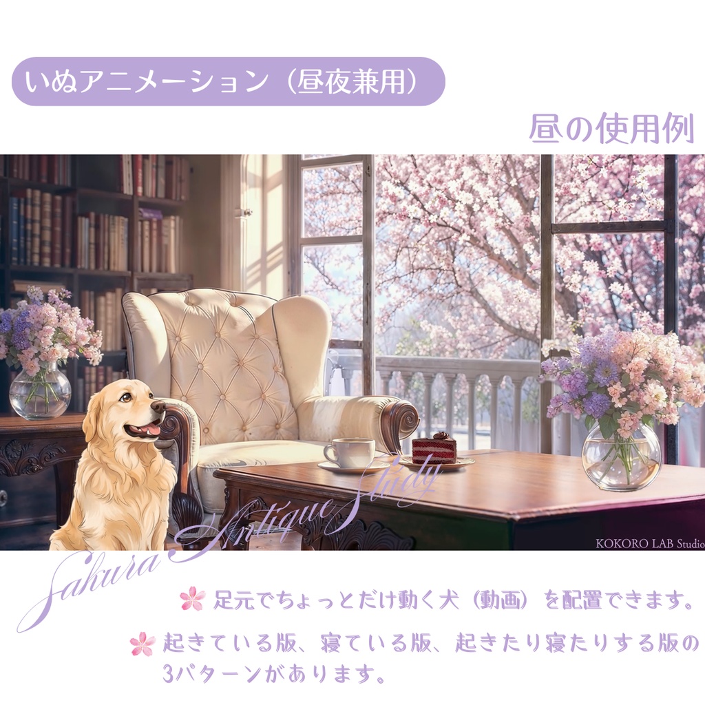 【動く背景】桜の書斎🌸動く黒猫&犬|昼夜差分(配信・VTuber向け)