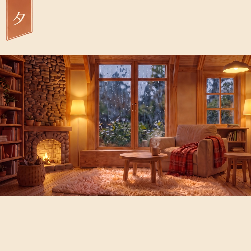 【動く配信背景】雨の日の読書部屋|朝・昼・夕・夜 4シーンセット【ループ動画・静止画・前景素材】