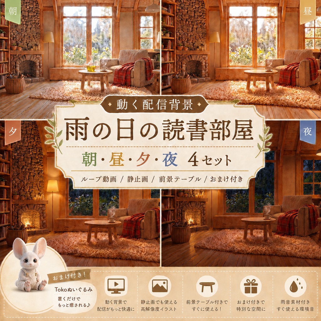 【動く配信背景】雨の日の読書部屋|朝・昼・夕・夜 4シーンセット【ループ動画・静止画・前景素材】