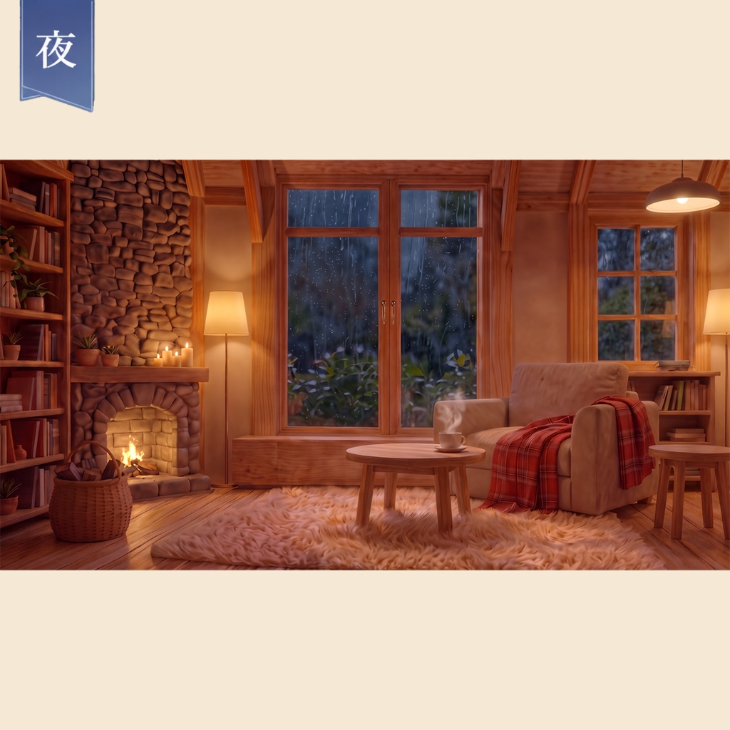 【動く配信背景】雨の日の読書部屋|朝・昼・夕・夜 4シーンセット【ループ動画・静止画・前景素材】