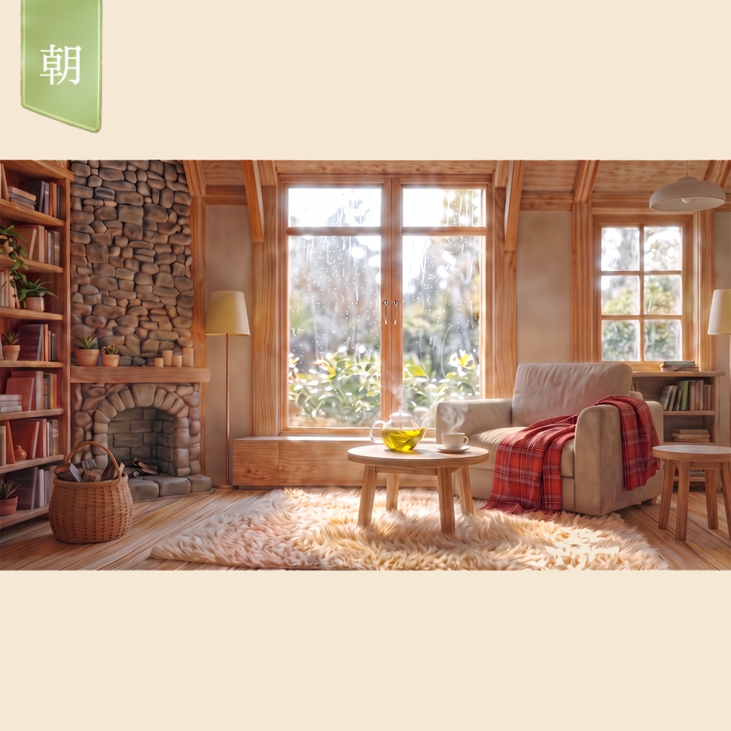 【動く配信背景】雨の日の読書部屋|朝・昼・夕・夜 4シーンセット【ループ動画・静止画・前景素材】