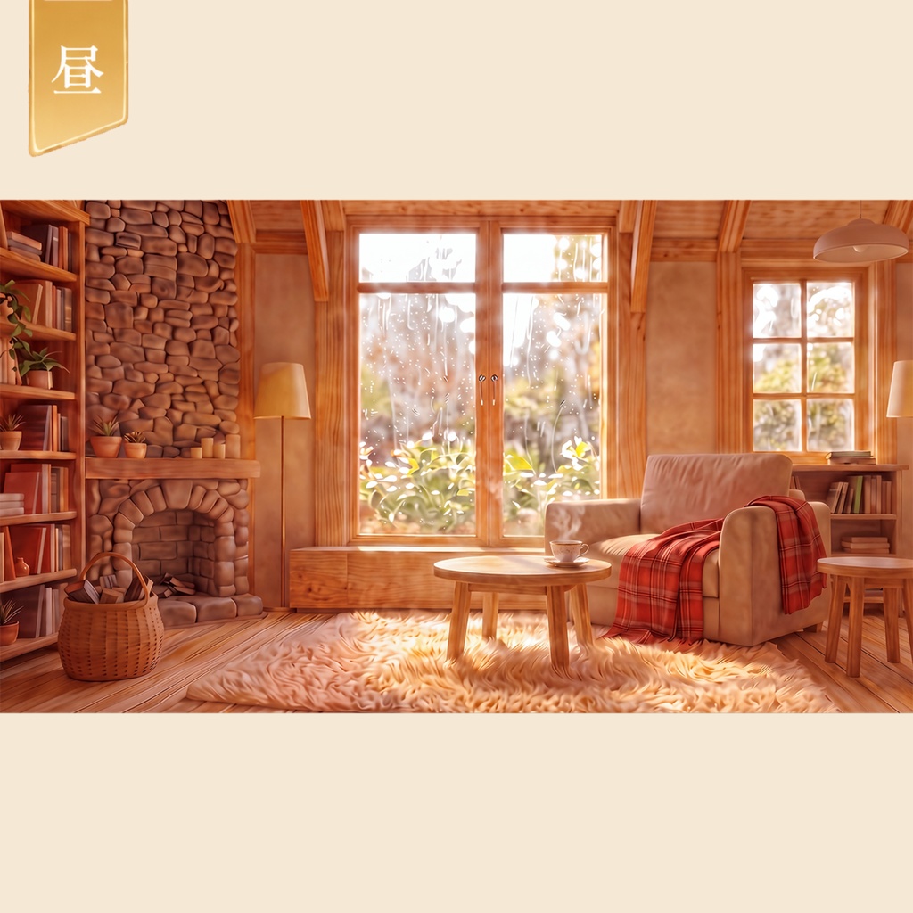 【動く配信背景】雨の日の読書部屋|朝・昼・夕・夜 4シーンセット【ループ動画・静止画・前景素材】