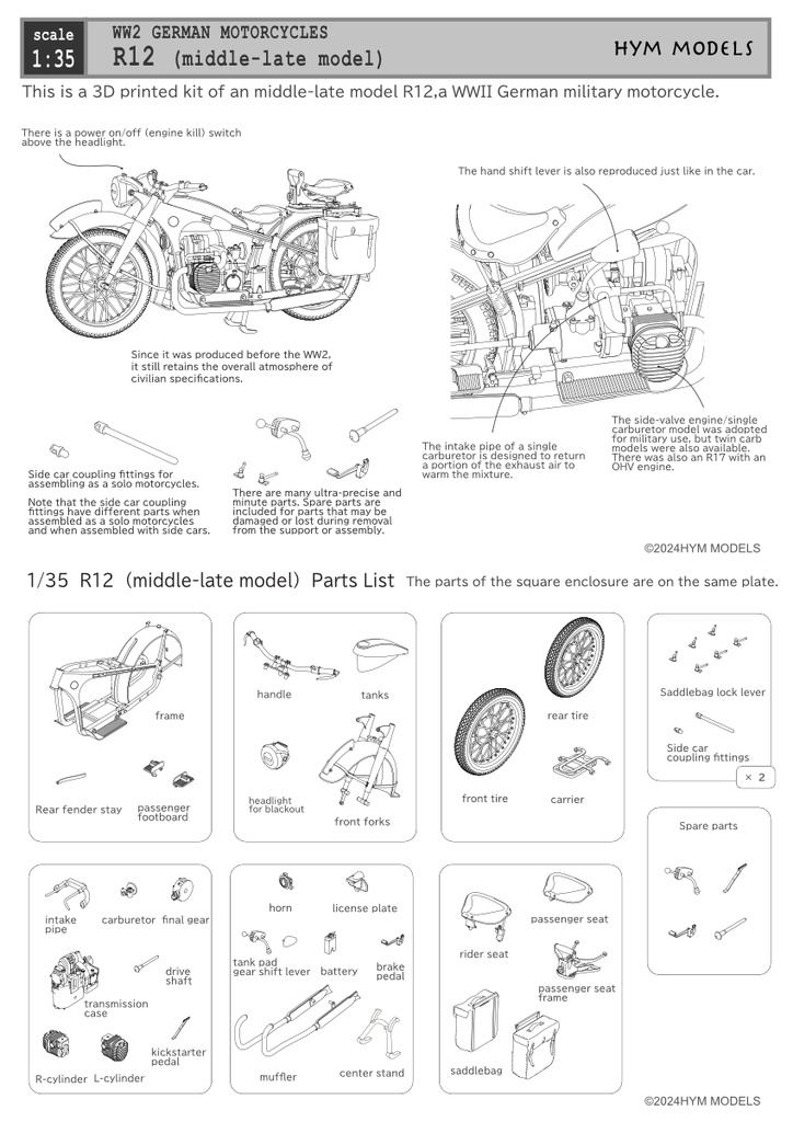 1:35 WWII German military motorcycle R12 (middle-late type) full kit in 3D resin (1 car)