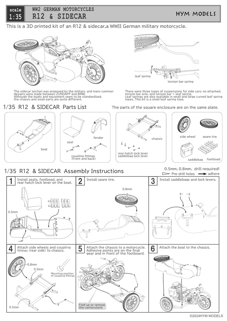 1:35 WWII German military motorcycle R12 & SIDECAR full kit in 3D resin (1 car)