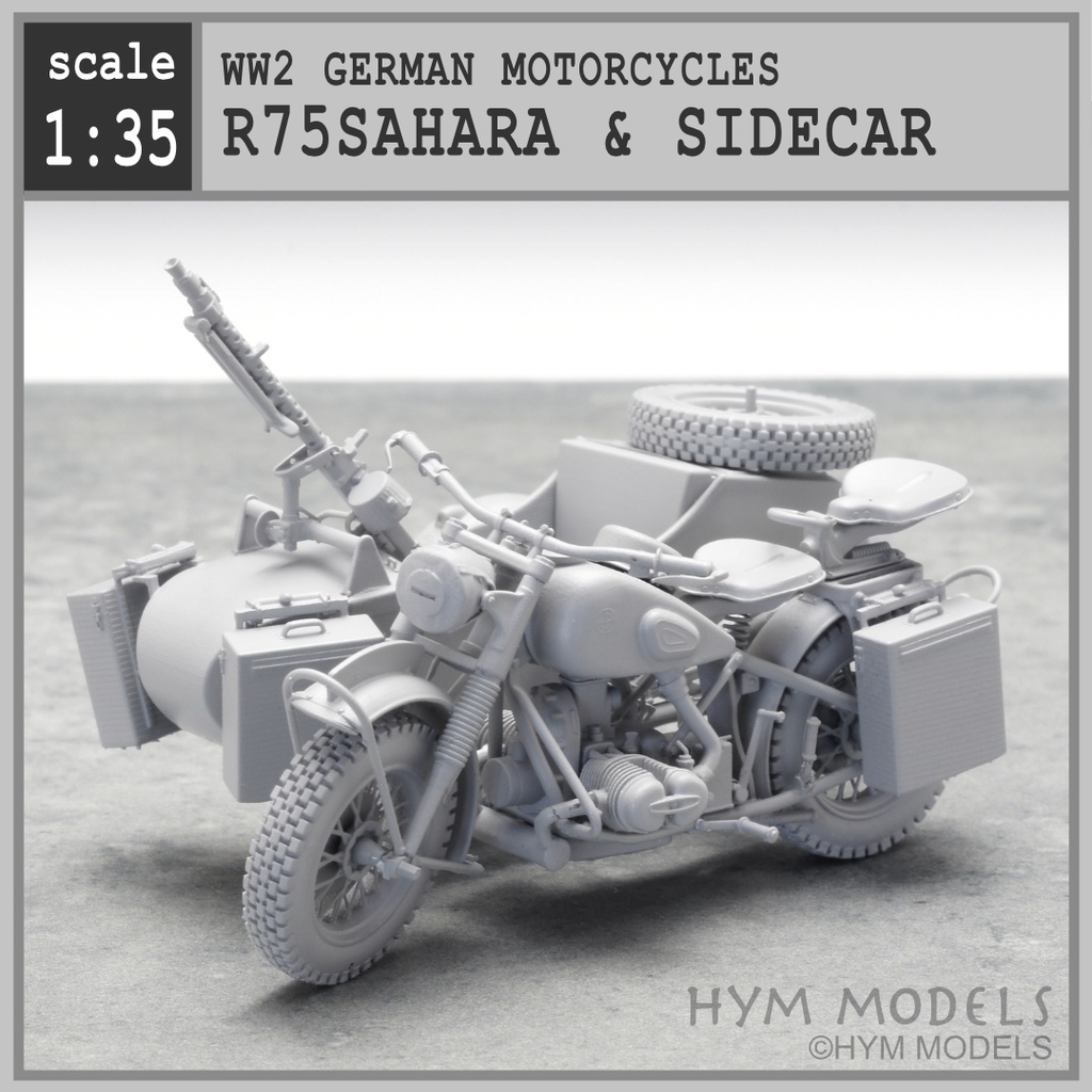 1/35　第二次大戦ドイツ軍用バイク　R75 サハラ （後期型）& サイドカー３Dレジン製フルキット　（１台分）