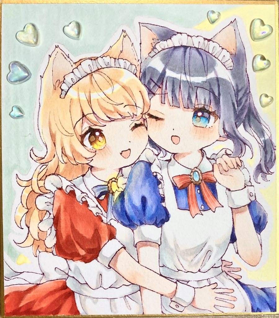 【原画】ミニ色紙【メイド創作ケモ百合】