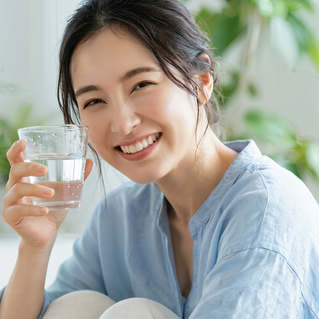 【美容・ウォーターサーバーLP用】清潔感×信頼感を演出する|水を飲む女性のポートレート素材(商用可1枚)