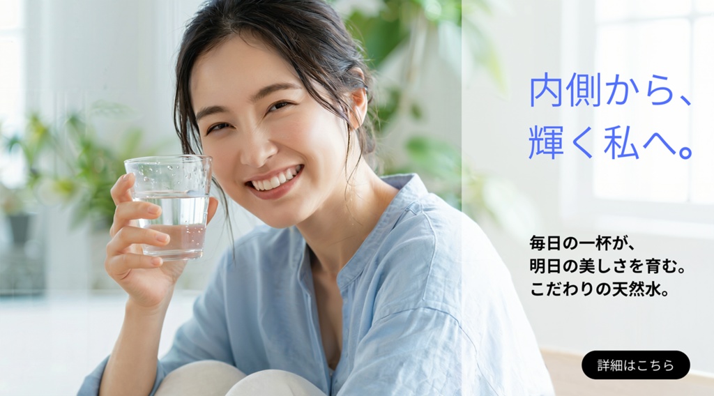 【美容・ウォーターサーバーLP用】清潔感×信頼感を演出する|水を飲む女性のポートレート素材(商用可1枚)