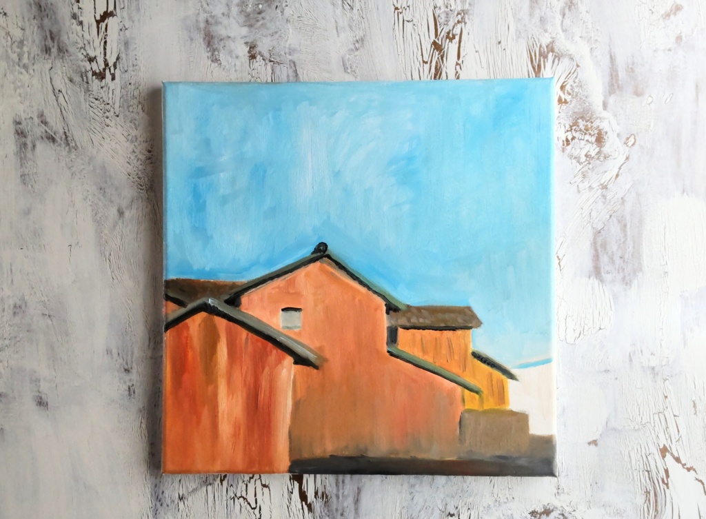 原画・油彩「西日を浴びるトタン造りの家」絵画・S8(約46㎝角)アート・キャンバス