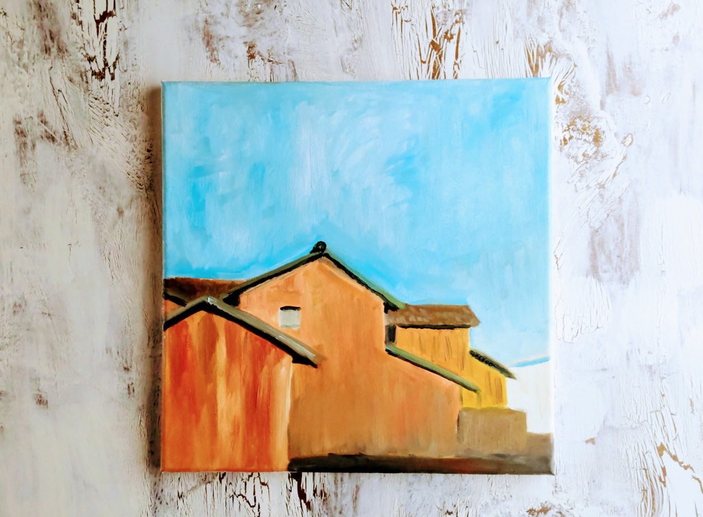 原画・油彩「西日を浴びるトタン造りの家」絵画・S8(約46㎝角)アート・キャンバス
