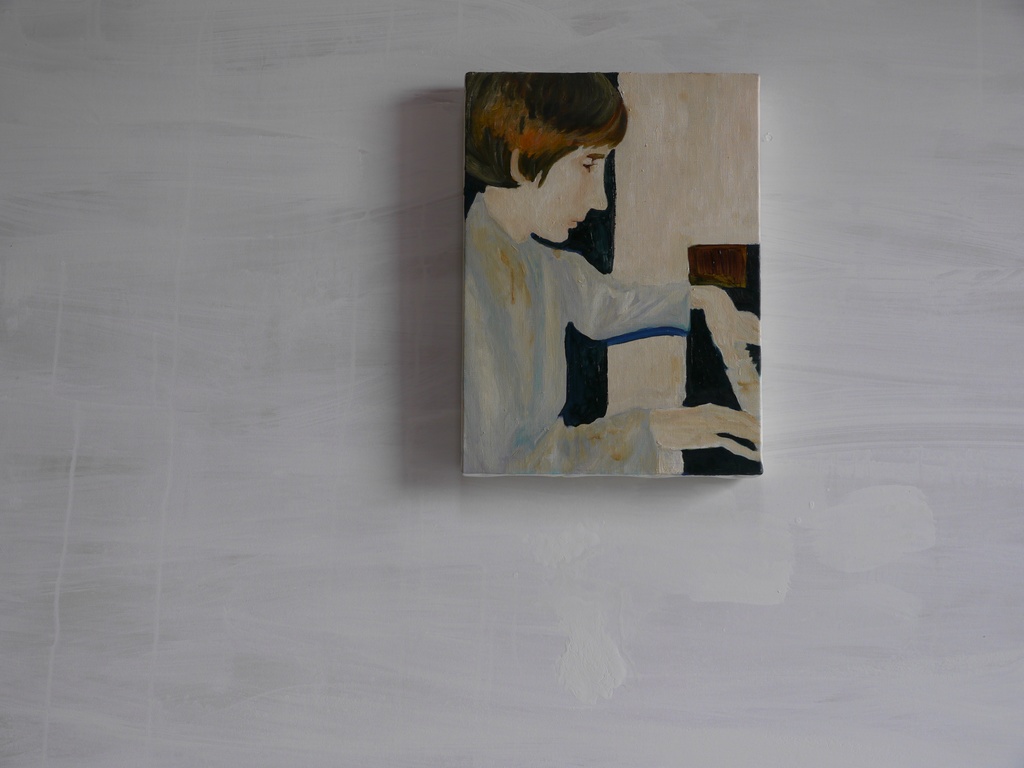 24×32㎝「ピアノの練習をする白人少年」F4・油彩・原画